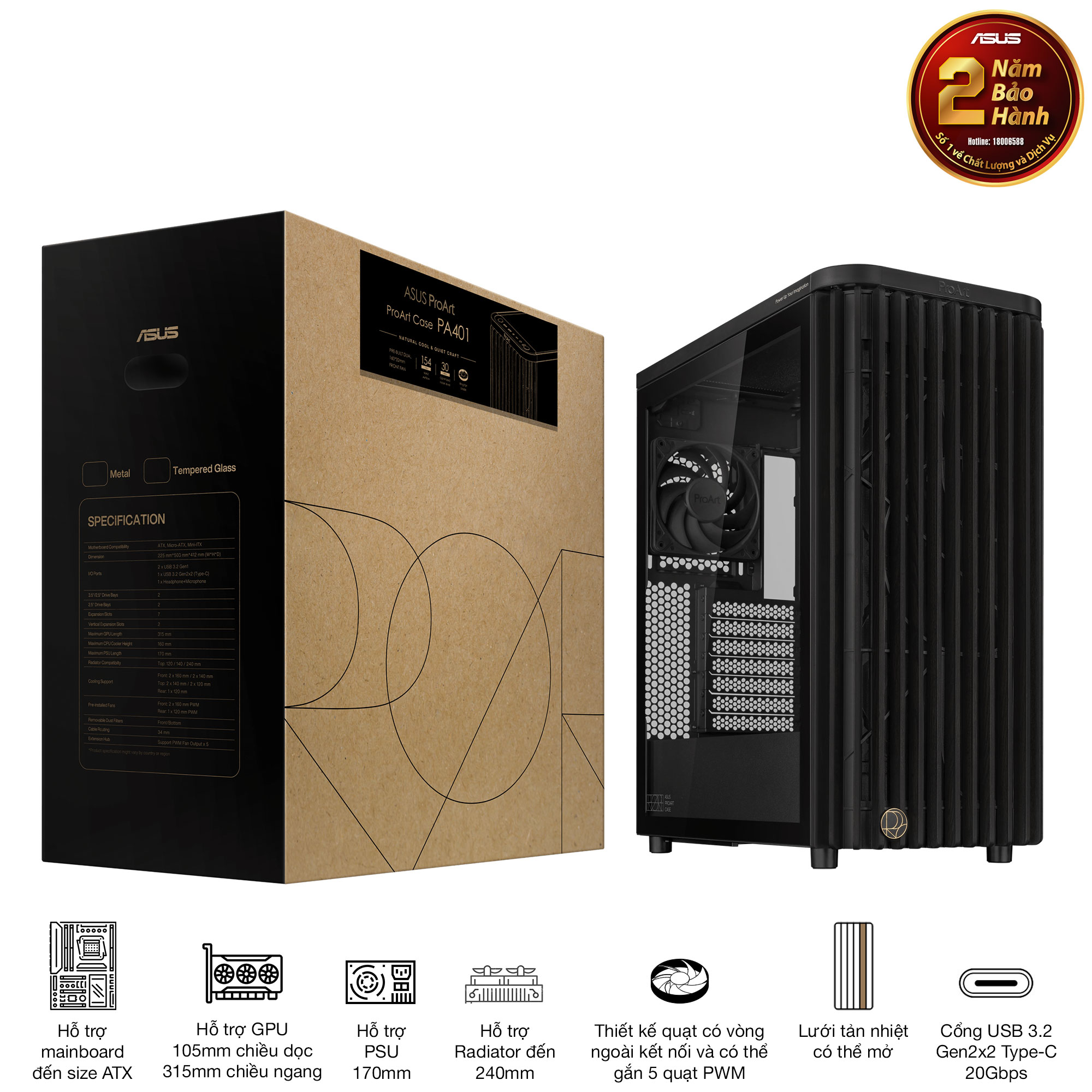 Vỏ case máy tính ASUS ProArt PA401 WOOD TG PWM BLACK (ATX, 3 Fan, bản gỗ, kính cường lực)