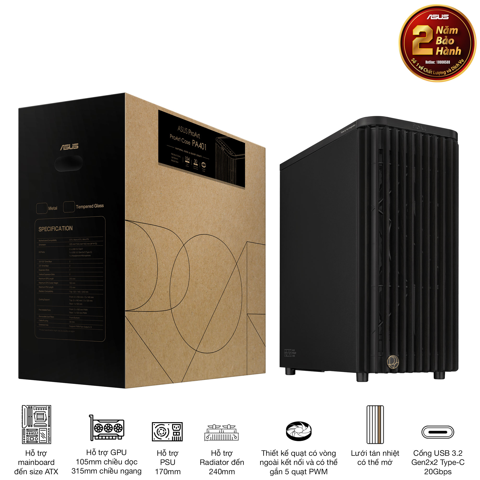 Vỏ case máy tính ASUS ProArt PA401 WOOD METAL PWM BLACK (ATX, 3 Fan, bản gỗ, mặt kim loại)