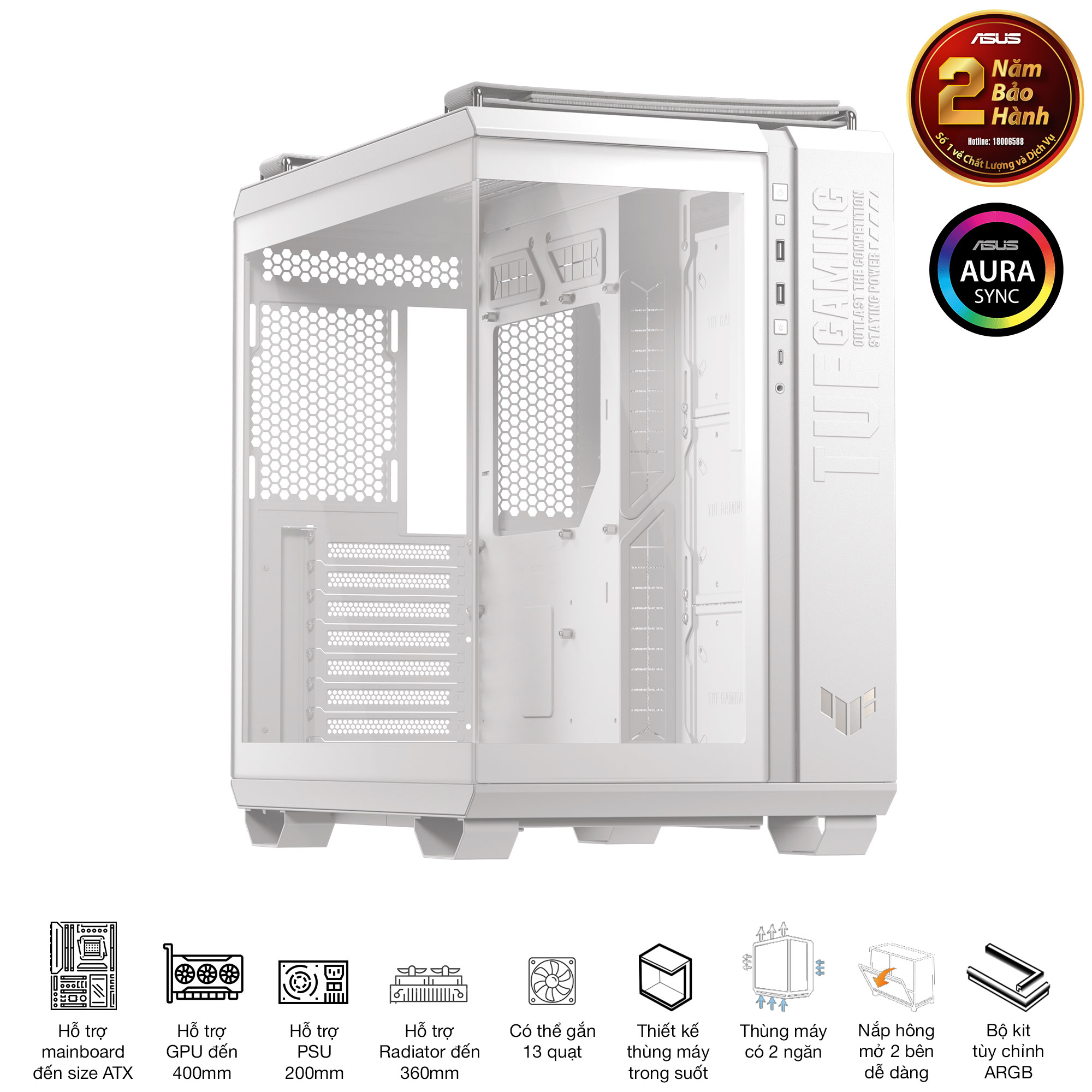 Vỏ case máy tính ASUS TUF Gaming GT502 Horizon màu trắng (ATX, hỗ trợ VGA đến 400mm và tản nhiệt 360mm)