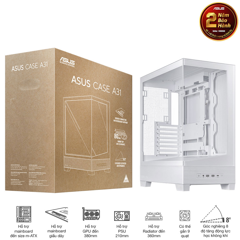 Vỏ case máy tính ASUS A31 TG WHITE (ATX, tương thích MB giấu dây, hỗ trợ lắp lên tới 10 quạt 120mm)
